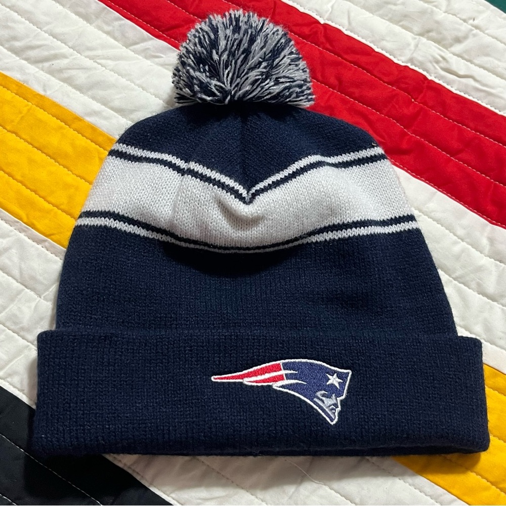 New England Patriots Navy Pom Pom Cuffed Beanie Embroidered Logo